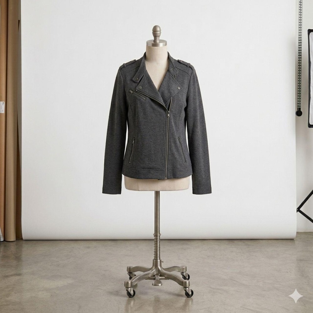 Pink Twill Charcoal Gray Asymmetric Zip Moto Jacket Stretch Knit Womens Size M